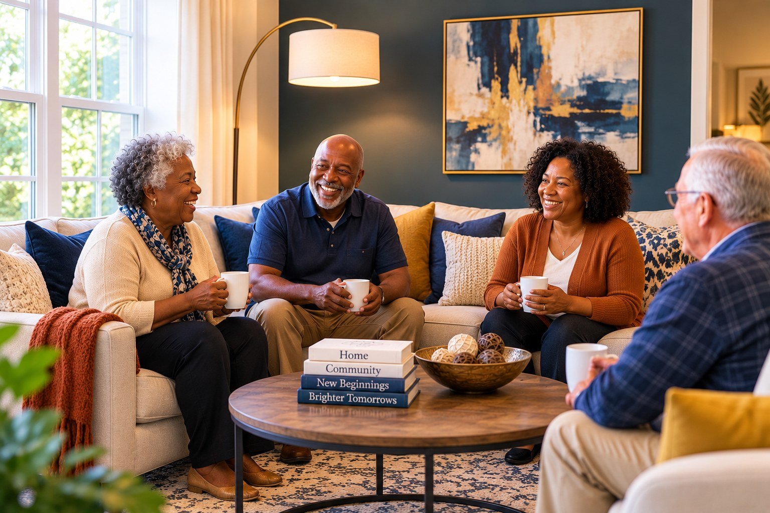 Four older adults enjoying conversation together in a warm, modern shared-home living room